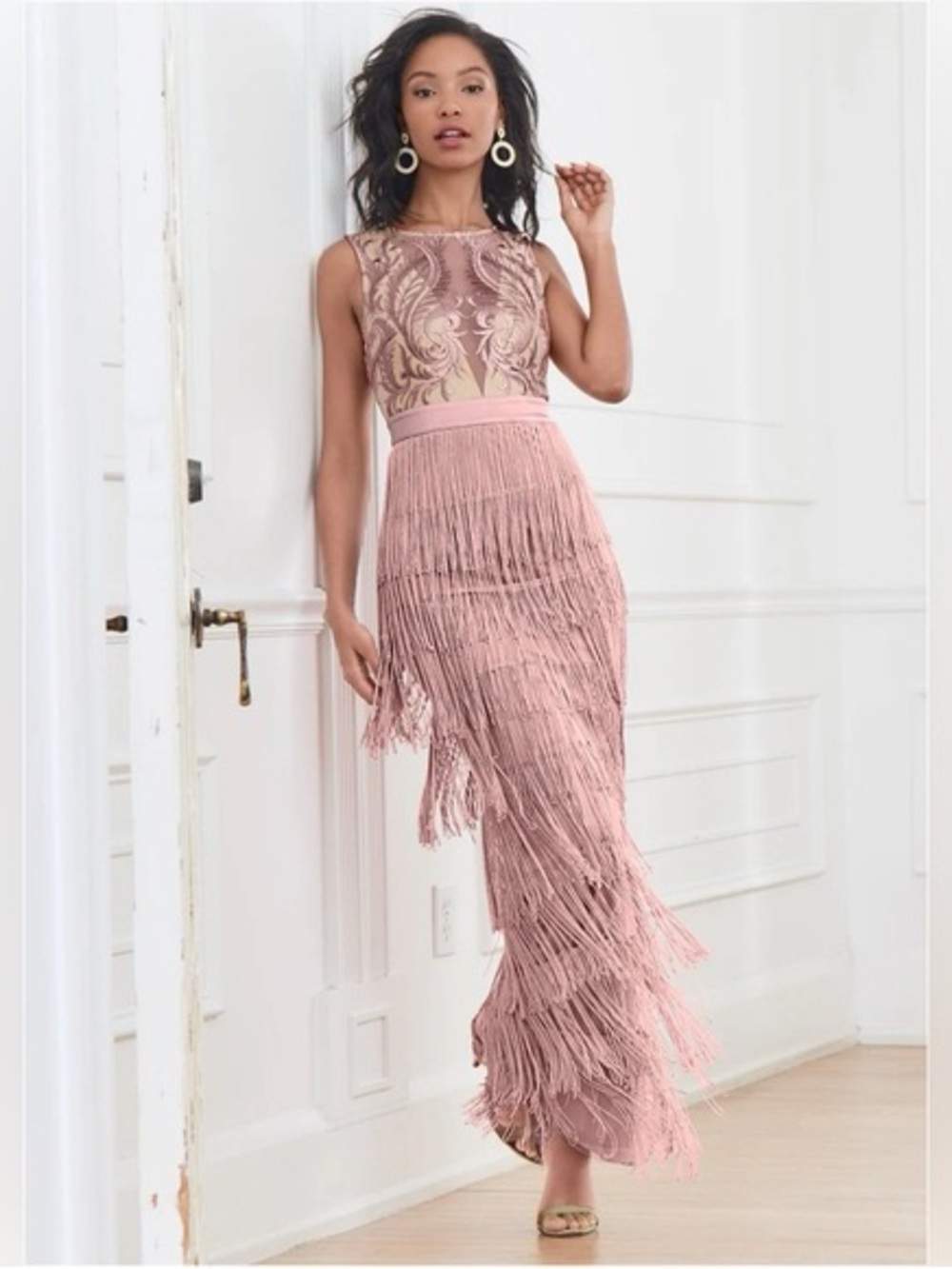 NWOT Pink Fringe Long Formal Tassel Dress - Size 8